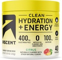 Ascent Clean Hydration + Energy Electrolytes Powder - 100mg koffein, 400mg Electrolytes, inga artificiella ingredienser, Citrus 40 portioner