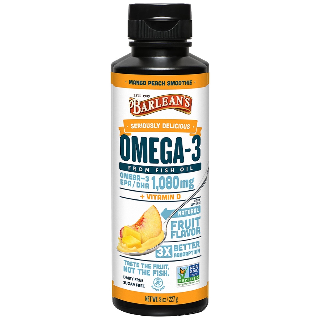 Barleans Omega 3 Fish Oil Liquid Supplement med vitamin D för män och kvinnor, Mango Peach, 1080mg EPA och DHA Fatty Acid, 8 oz