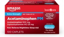 Grundläggande vård Acetaminophen PM Caplets, Pain Reliever Plus Nighttime Sleep Aid, Extra Styrka, Hjälper Occasional Minor Aches, Smärta och Huvudvärk Relief, 100 greve, Förpackning kan variera