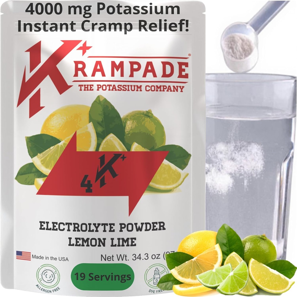 Krampade Original Lemon Lime 4K, 4000 mg Kalium Instant Cramp Relief Electrolyte Drink Powder | Designad för idrottare och kramper | 19-Serving Resealable Pouch