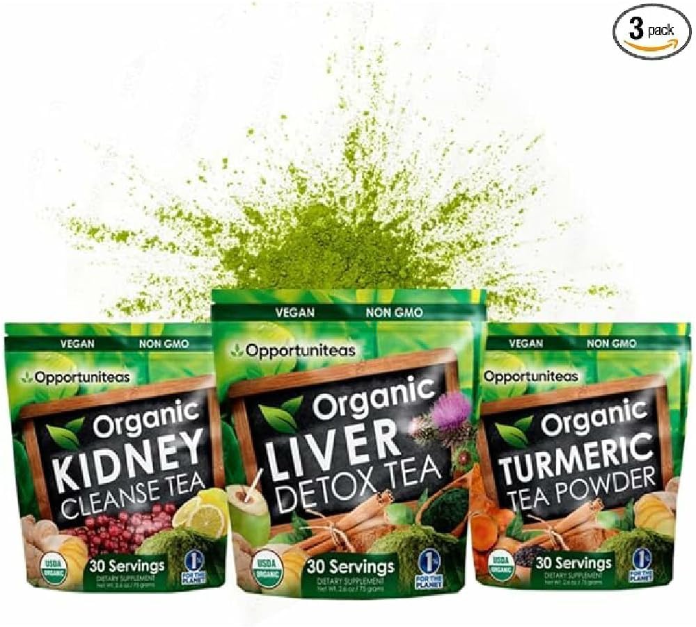 Opportuniteas Matcha Detox Tea Powder - Organic Turmeric Matcha Green Tea, Kidney Detox, and Organic Liver Detox Bundle