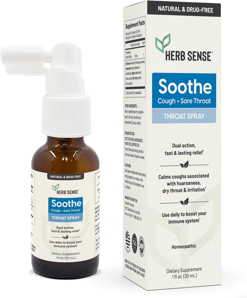 Herb Sense Throat Comfort Spray | Cooling & Soothing med Slippery Elm, Echinacea & Chamomile | Naturliga extrakt (1 fl oz)