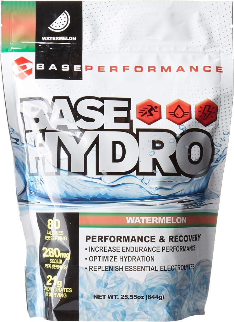 BASE Performance Hydro - Watermelon | 28 portioner inom varje miljövänlig Mylar Bag | Blend of Dextrose, Fructose, maltodextrin och Essential Electrolytes. (Watermelon)