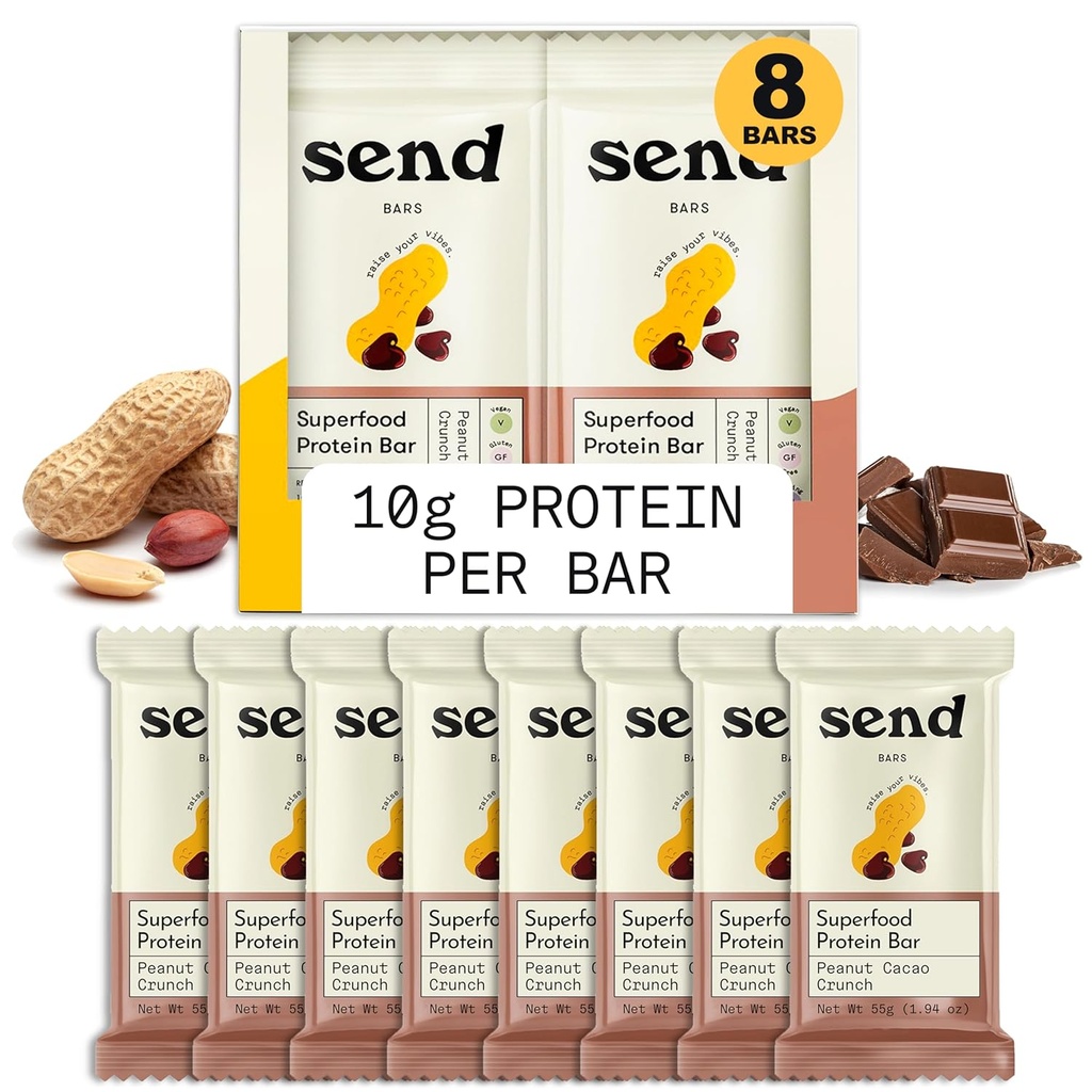 Skicka Bars Plant-Based Vegan Healthy Protein Bars, Med Gröna (Peanut Cacao Crunch, 8 Bars) - Endast verkliga ingredienser, Zero Added Sugar, Gluten-Free, Dairy-Free