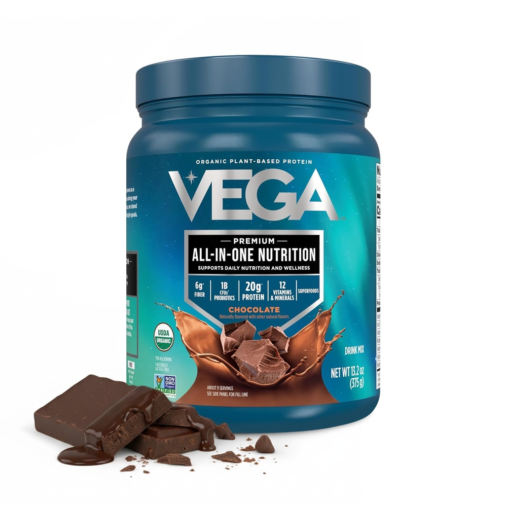 Vega Organic All-in-One Vegan Protein Powder, Chocolate - Superfood Ingredients, Vitaminer för immunitetssupport, Keto Friendly, Pea Protein för kvinnor och män, 13.2 oz (Packaging May Vary)