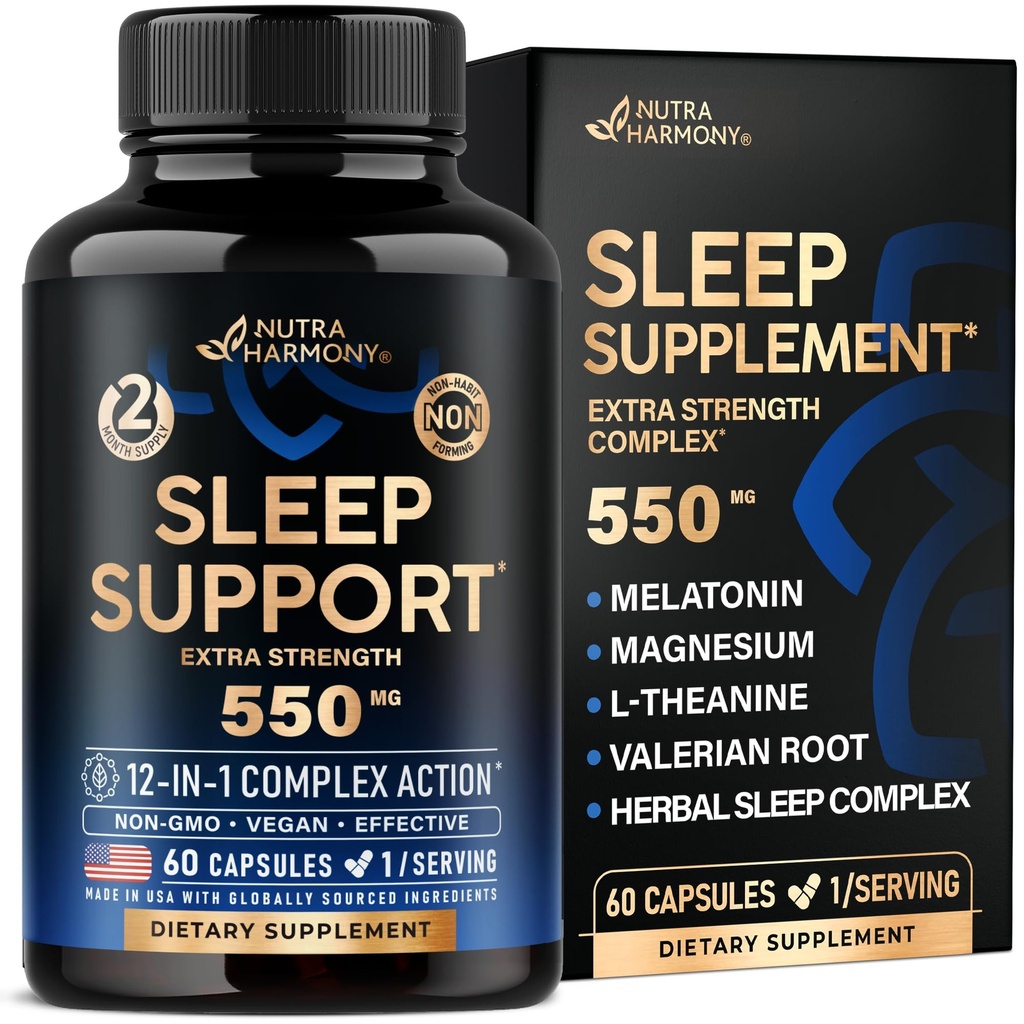 Sova piller för vuxna 550mg - Melatonin 3mg | Valerian Root for Sleep | L-Theanine | Magnesium - Natursömntillskott - Non-Habit Forming Rest Support - Tillverkad i USA - 1/dag, 2 månaders leverans