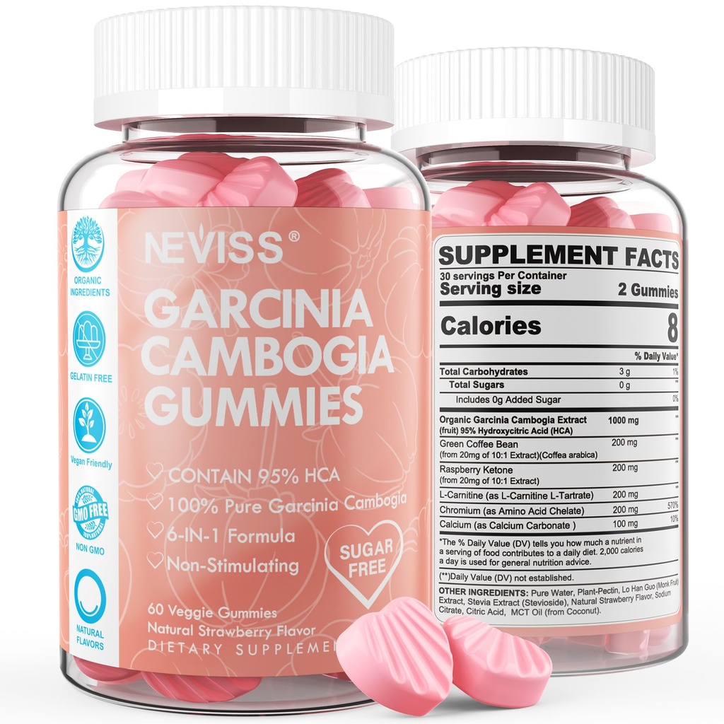 Sockerfri Garcinia Cambogia Gummies 1000mg 95% HCA Pure Extract med L-Carnitine, Raspberry Ketone, Chromium, Green Coffee Bean för Metabolism, 100% Organic Extract, Vegan, Strawberry Flavor 60 Cts