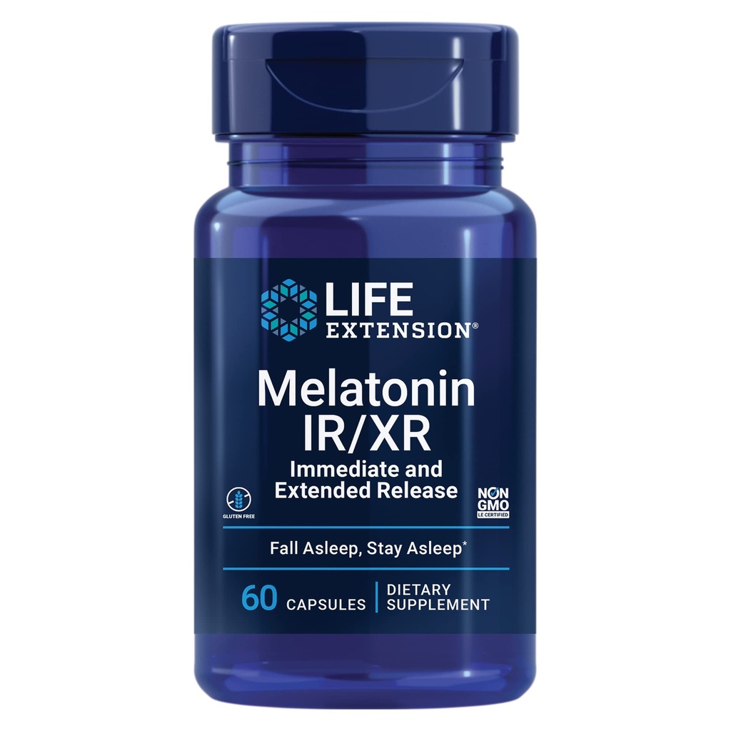 Livslängd Melatonin IR / XR, 1,5 mg, omedelbar och utökad frisättning Formel för optimal sömnstöd, friska cirkadiska rytmer, cellulärt försvar, glutenfri, icke-GMO, 60 kapslar