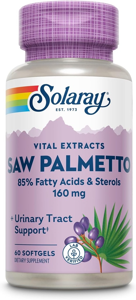 SOLARAY Saw Palmetto Extract - Prostate Health and Urinary Tract Support - 136 mg Fatty Acids and Sterols - Lab Verified, 60-Day Money-Back Guarantee (60 portioner, 60 Softgels)