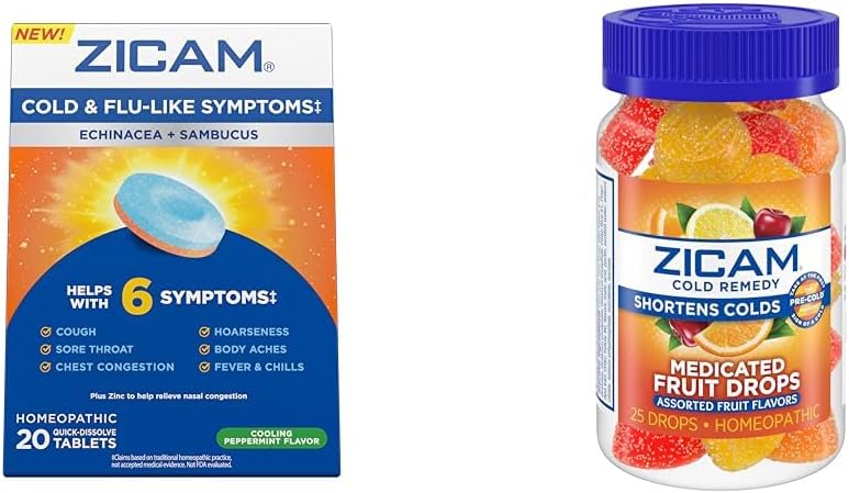 Zicam Cold & Flu 20 tabletter Frukt droppar 25 greve kall förkortning homeopatiska zink mediciner