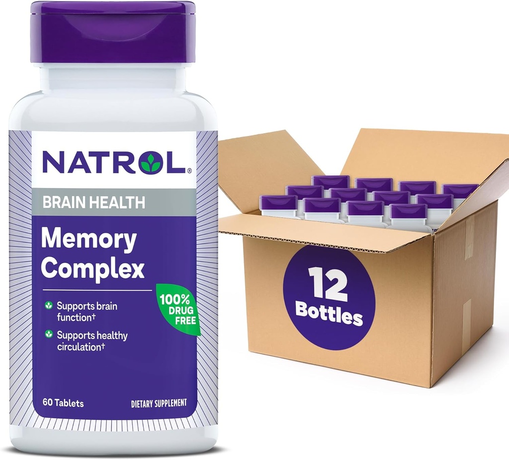 Natrol Memory Complex med Ginkgo Biloba 120mg och B Vitaminer, Kosttillskott för hjärnhälsa och minnesstöd, 60 tabletter, 30 dagars leverans (Pack of 12)