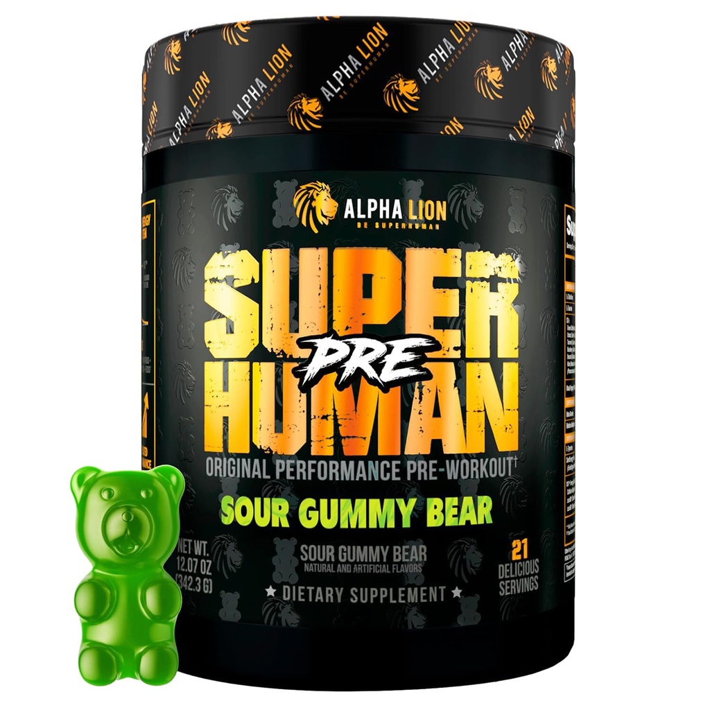 ALPHA LION Superhuman Pre Workout Powder, Beta Alanine, L-Taurine & Tri-Source koffein för hållbar energi och fokus, Nitric Oxide & Citrulline för pump (21 portioner, Sour Gummy Björn smak)