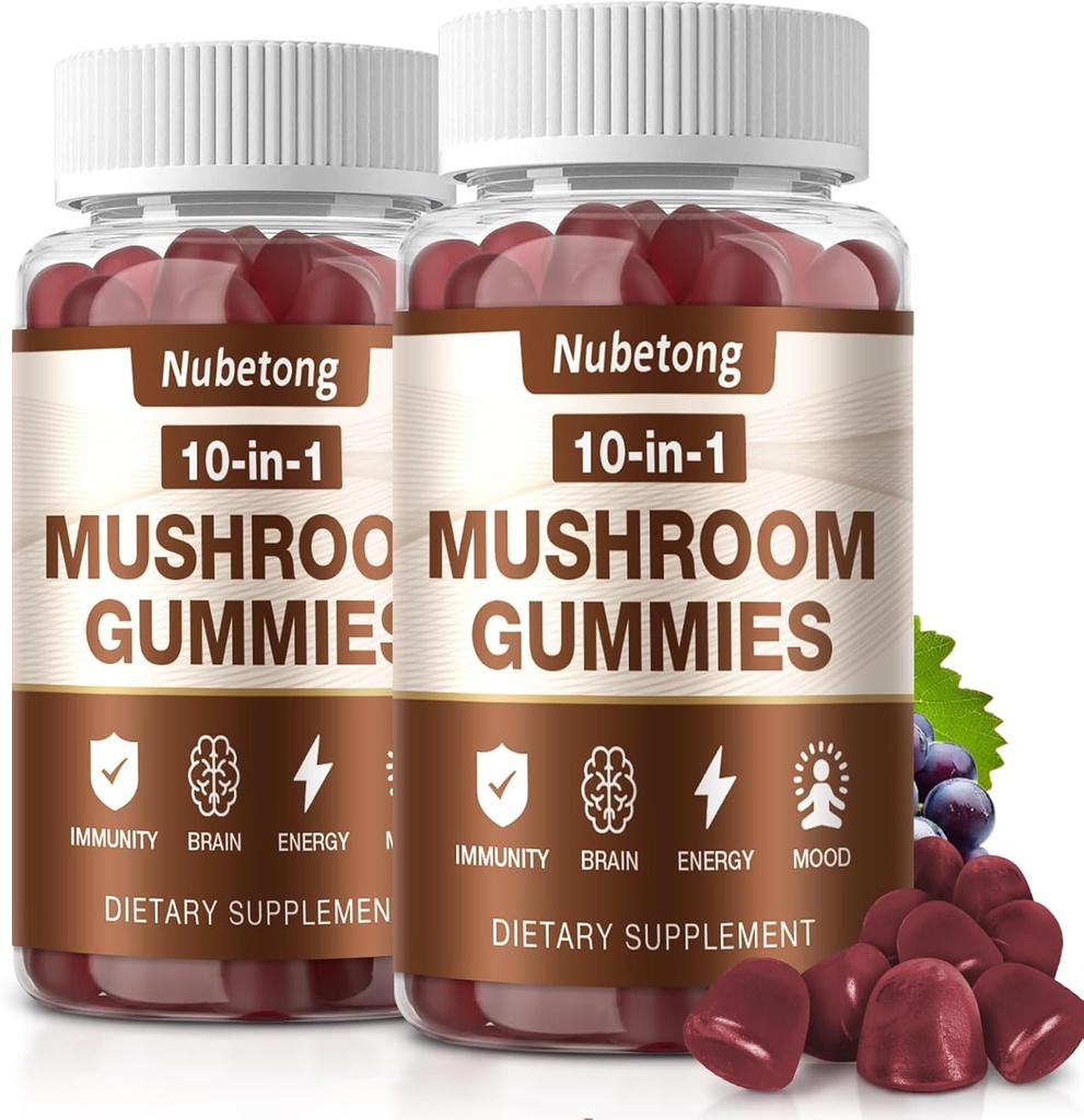 NUBETONG Mushroom Gummies - 10x Mushroom Supplement för vuxna med Lion's Mane, Reishi, Chaga och Turkiet Tail - Brain Booster, Immune Support, Stress Relief och Focus Support (2 Pack)
