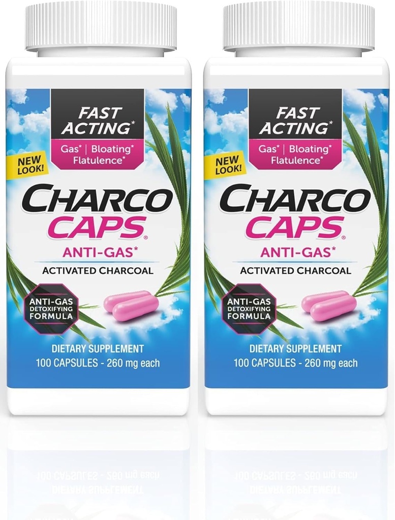 Charcocaps Fast Acting Gas Relief for Bloating & Flatulence, Drug Free Detoxifying Activated Charcoal Formula, 100 Capsules, 30 Day Supply, Pink- Pack med 2