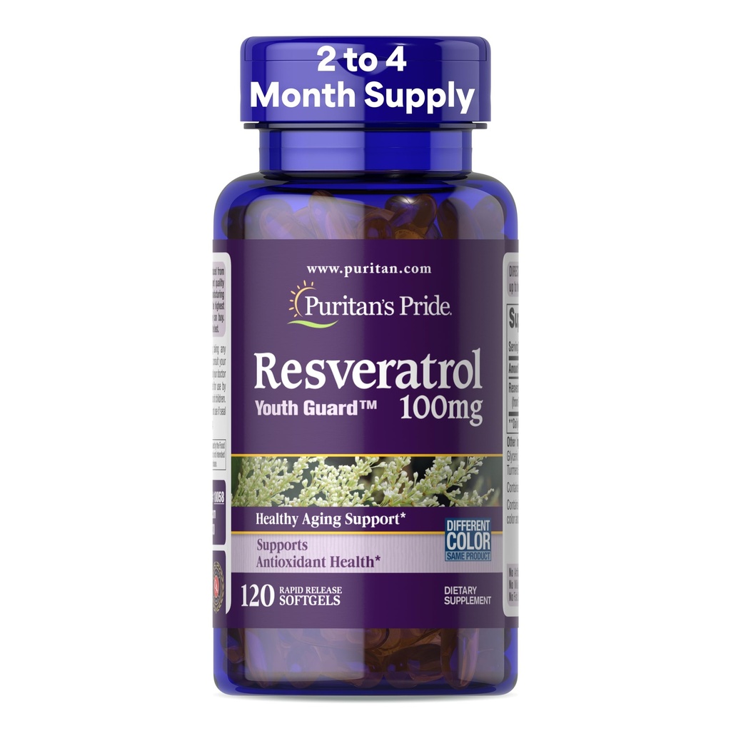 Puritans Pride Premium Resveratrol Youth GuardTM 100mg, Kosttillskott för immunsystem, antioxidant, sockermetabolism, blodflöde och vaskulärt funktionsstöd, 120 snabb frisättning Softgels