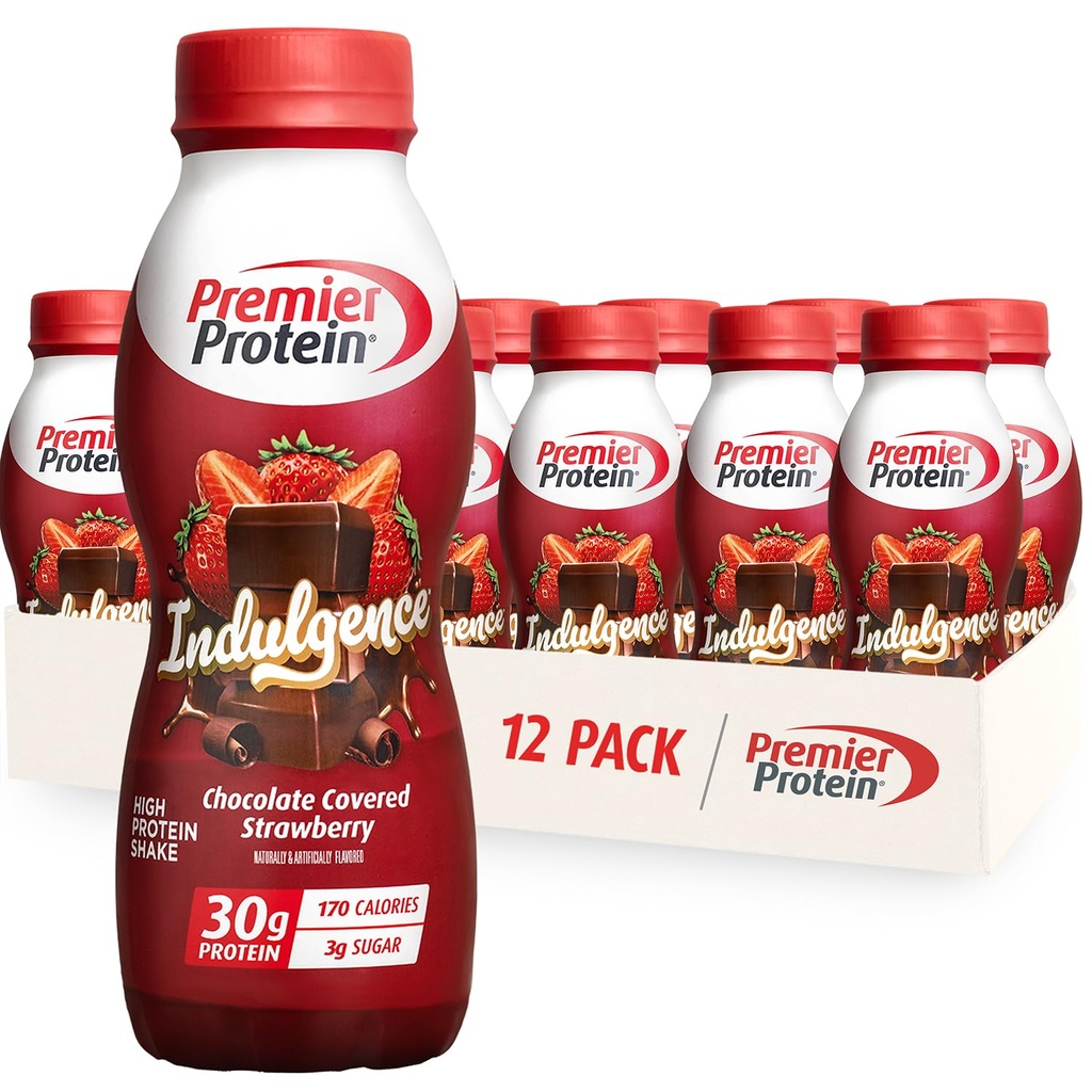 Premier Protein Indulgence Protein Shake, 30g Protein, 3g Sugar, Chocolate Covered Strawberry, 11,5 fl oz, Pack av 12