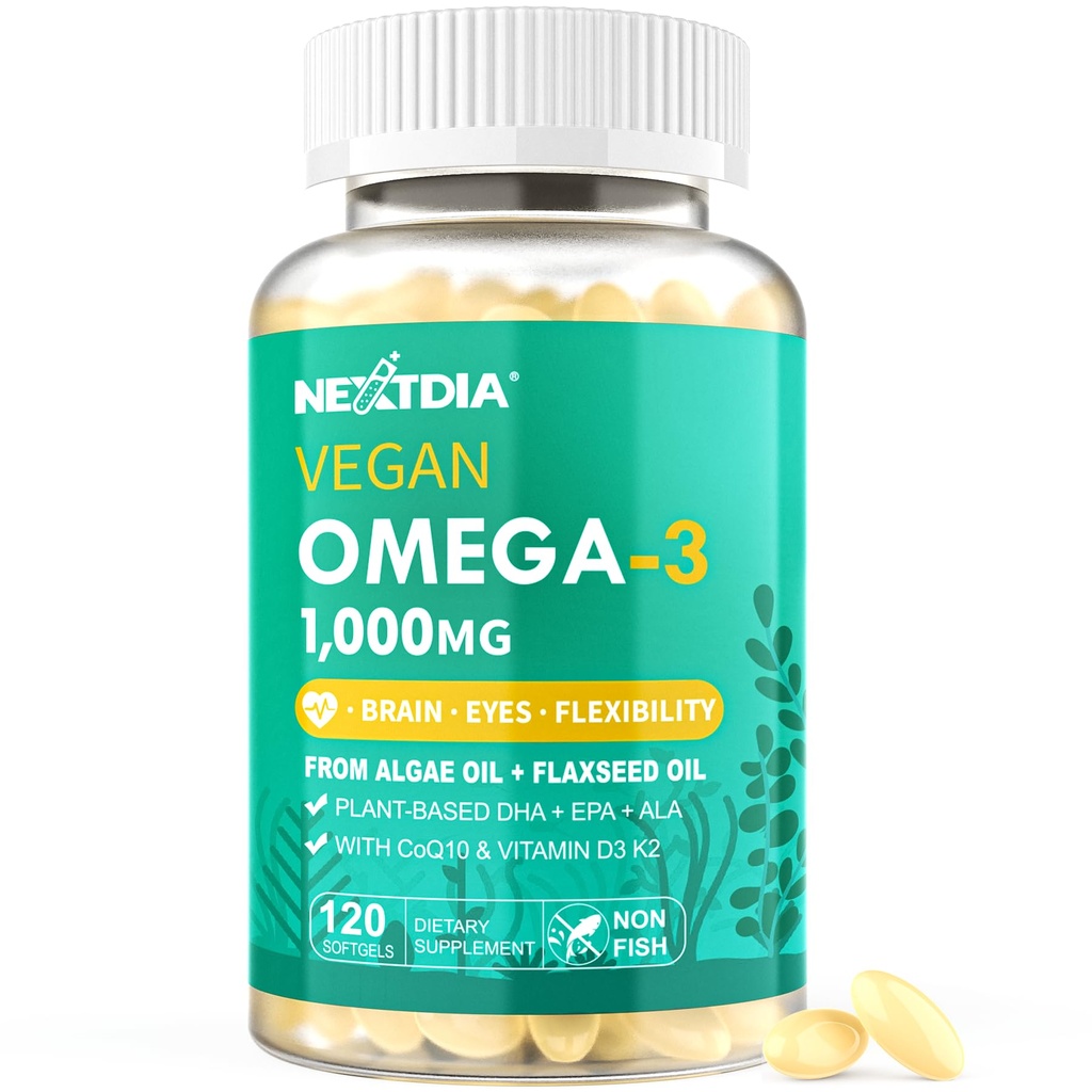 Vegan Omega 3 DHA EPA ALA Supplement med 5000IU Vitamin D3 K2 (MK7), Q10 för kvinnor Män | Fiskolja Alternativ | Plant Based Algae Oil Omega 3 1000mg Pills för ben, hjärna, ögon, hud | 120 Softgels