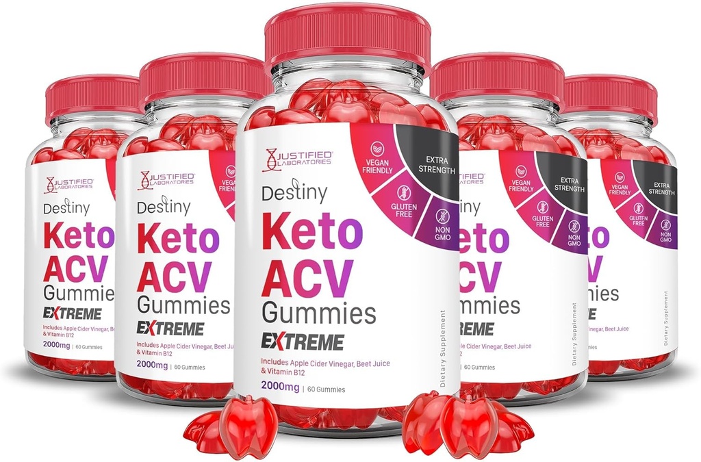 Justified Laboratories (5 Pack Destiny Keto ACV Gummies Extreme 2000MG Destiny Keto Gummies Advanced Formula Apple Cider Vinegar with Pomegranate Beet Juice Powder B12 Vegan Non GMO 300 Gummys