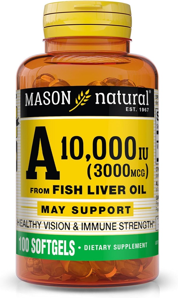 MASON NATURAL Vitamin A 3 000 mcg (10.000 IE) från Fish Liver Oil, stöder Vision & Immune Health, 100 Softgels