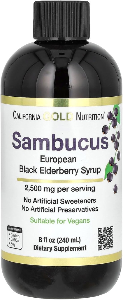 Kalifornien Gold Nutrition Elderberry Syrup, Black Elderberry (Sambucus nigra) Juice Concentrate, Seasonal Immune Support, No Artificial Preservatives or Sweeteners, 2500 mg, 8 fl oz (240 ml)