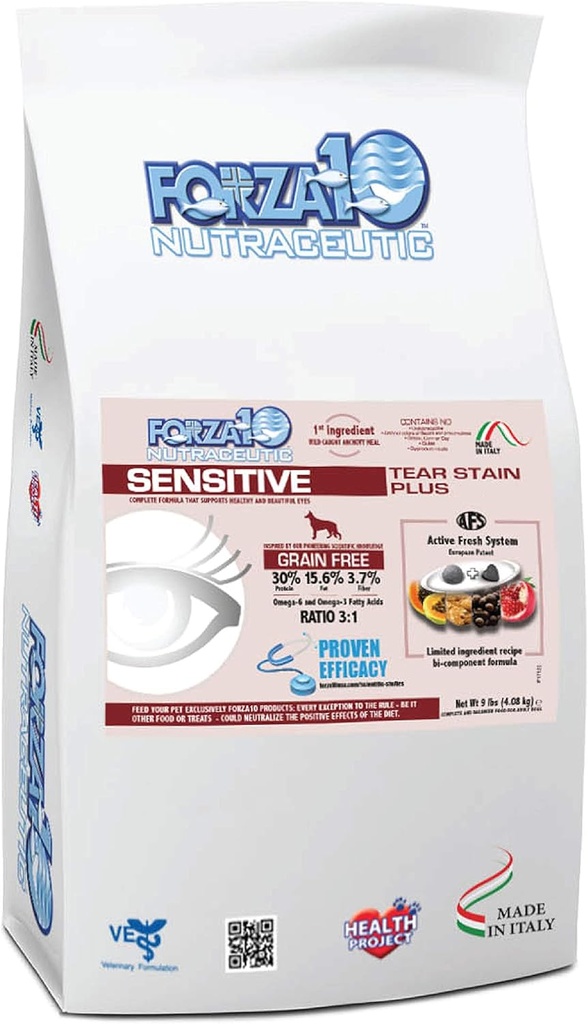 Forza10 Sensitive Tear Stain Grain Free Dry Dog Food, Healthy Dry Dog Food Formulerad för att minska Hund Tear Stain, Dog Eye Care och Tear Stain Remover (9 pund)