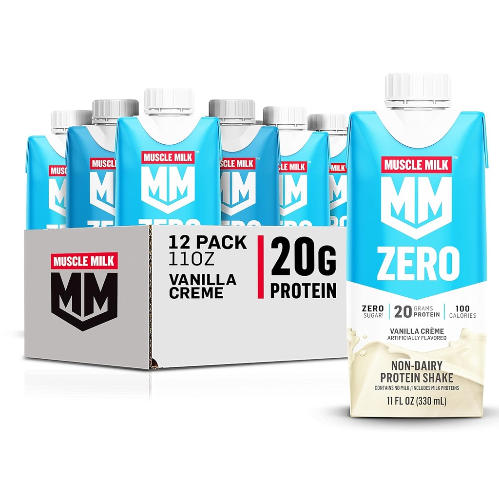 Muskelmjölk Zero Protein Shake, Vanilla Crème, 11 Fl Oz Carton, 12 Pack, 20g Protein, Zero Sugar, 100 kalorier, Calcium, vitamin A, C & D, 4g Fiber, Energizing Snack, Packaging May Vary,12 Count (Pack av 1)