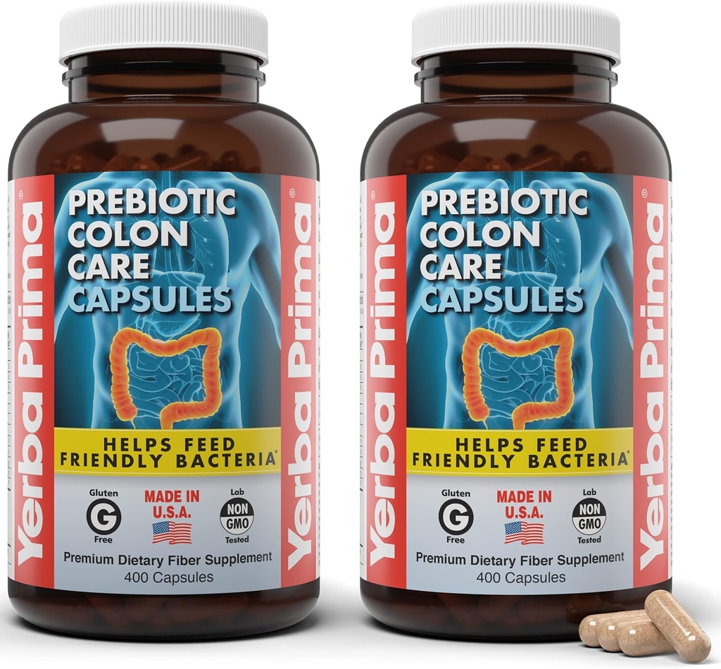Yerba Prima Prebiotic Colon Care Capsules, 400 Caps (Pack of 2) - Fem Forms of Dietary Fiber Supplement - Healthy Soluble & Insoluble Fibers for Regularity & Digestive Support