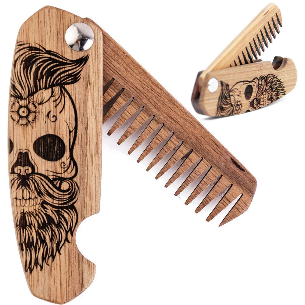 Njut av Wood Beard Comb för män, Folding Pocket Beard tillbehör för män, graverad Walnut Wooden Comb för Moustache, Beard & Hair för honom (Half Skull)