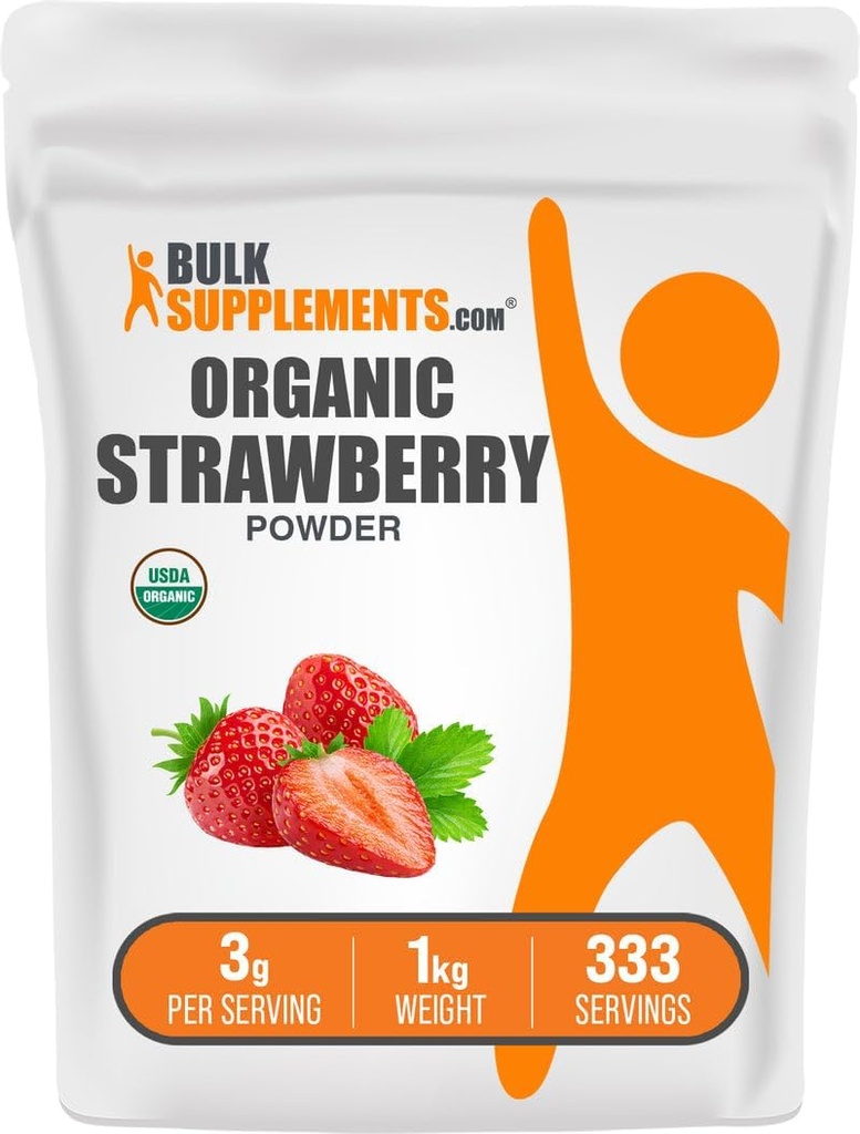 BulkSupplements.com Organic Strawberry Powder - Fruktpulver från organiska jordgubbar - No Sugar Added & Gluten Free, 3g per portion, 1kg (2,2 lbs) (Pack of 1)