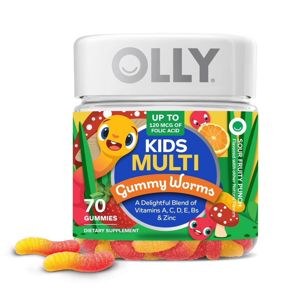 OLLY Kids Multivitamin Gummy, Overall Health and Immune Support, * Vitaminer och mineraler A, C, D, E, Bs och Zink, Kids Chewable Supplement, Sour Fruity Punch Flavored, 70 eller 35 Day Supply - 70 Count