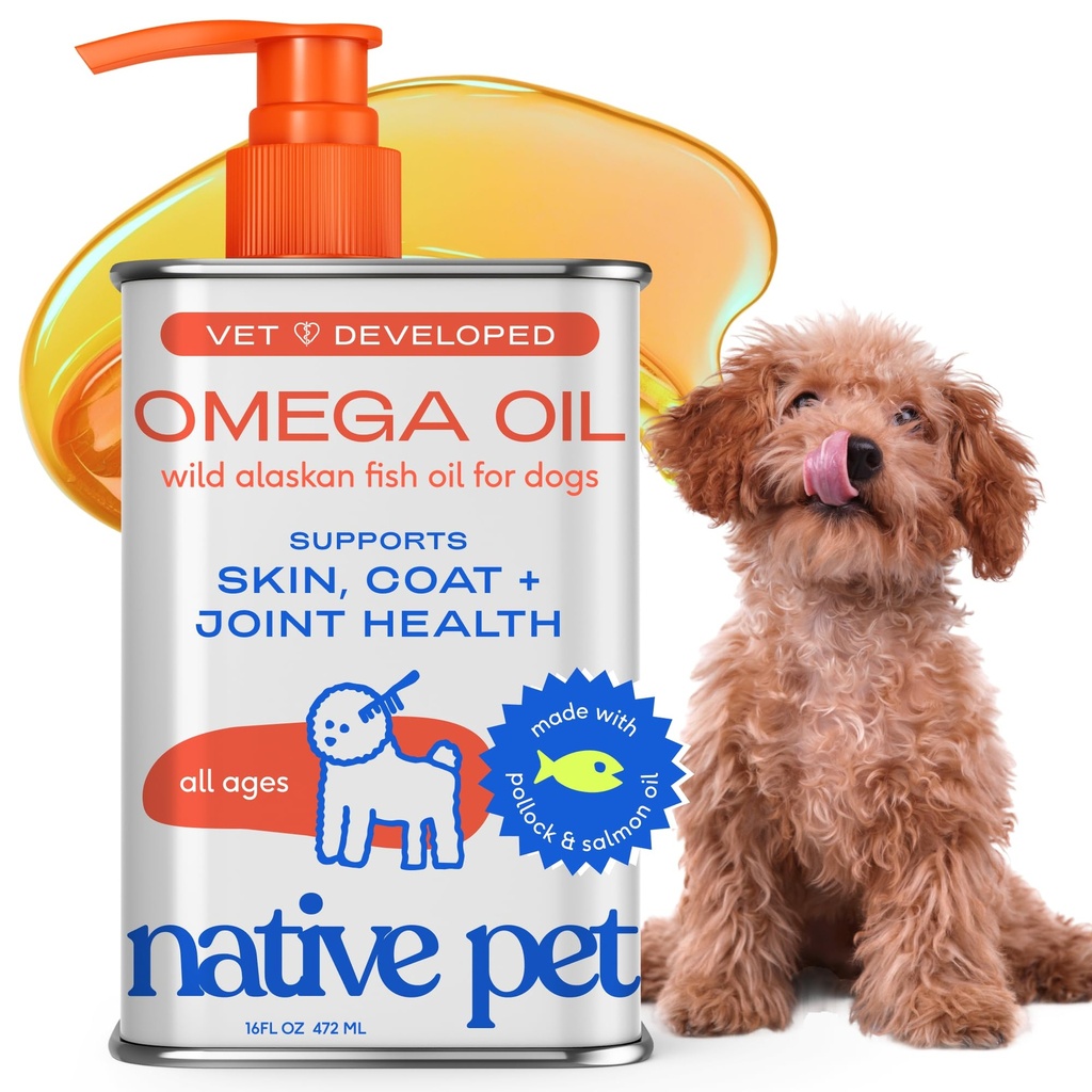 Native Pet Omega 3 Fish Oil för hundar och katter - Främjar hälsosam hud, Shiny Coat och starka gemensamma - Tillverkad med Wild Alaskan laxolja för hundar - God, snabbabsorberande Omega 3 6 9 Liquid Supplement-16oz