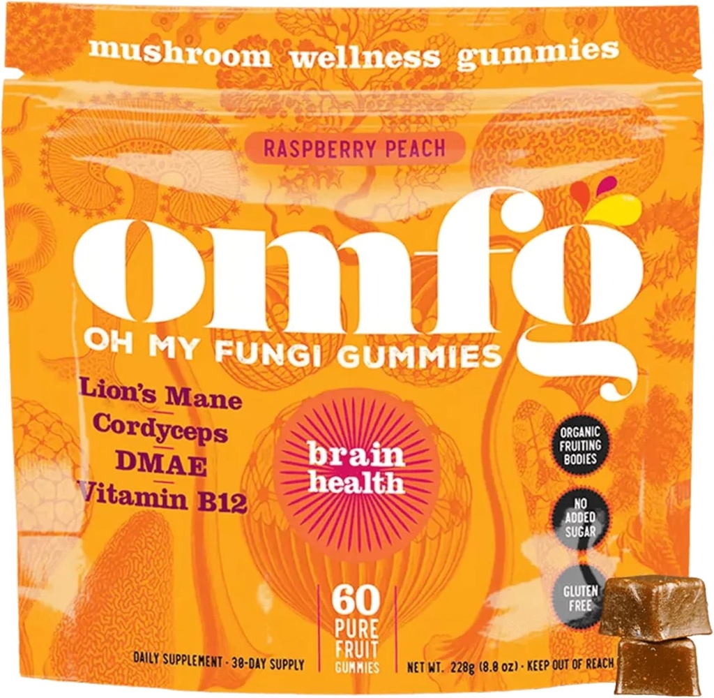 OMFG Mushroom Gummies for Brain Health Support – Supplement to Support Cognitive Function, Mental Clarity, Focus & Energy W/Lions Mane, Cordyceps, B12, DMAE, Vegan - Raspberry/Peach Flavor (60 Count)