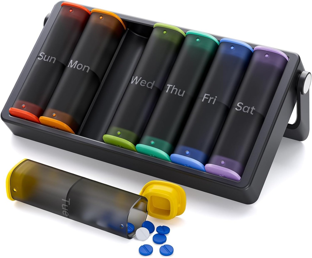 Weekly Pill Organizer 2 gånger om dagen, KOVIUU Large Travel Pill Box 7 Day, Am Pm Twice Daily Pill Case med Rotatable Handle, Pill Holder Container för vitamin, medicin, tillägg, Translucent-Black