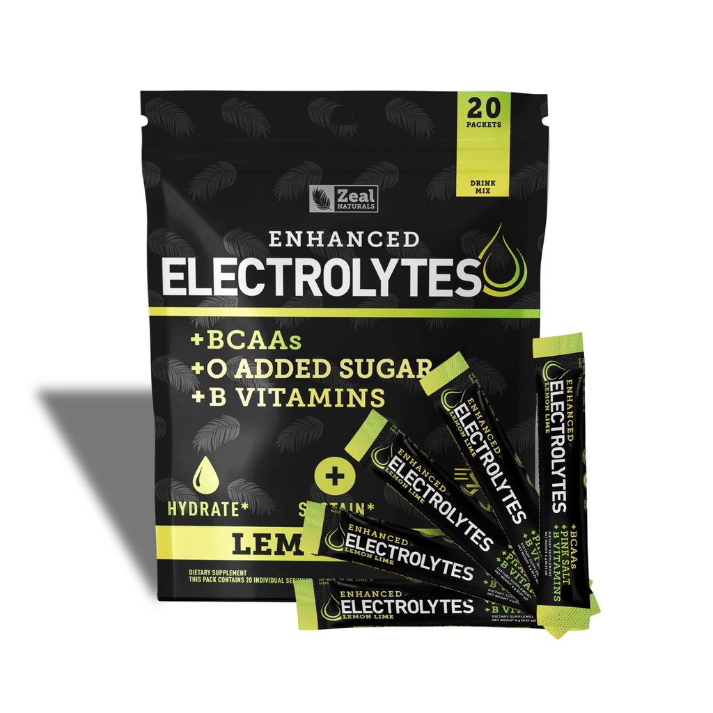 Förbättrad Electrolyte Powder Stick Packs (Lemon Lime | 20 Packets) w / 0 Sugar +BCAAs +B-Vitamins Electrolyte Supplement w Potassium Zinc & Magnesium för Hydration - Keto Electrolytes