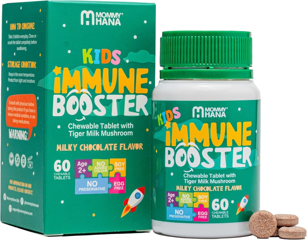 Immunstödstillägg för barn - D-vitamin, Tiger Milk Mushroom, Colostrum, Prebiotic -Complete Gut & Immune Boost, Natural Respiratory Immune Support för barn & småbarn - 60 Tasty Chocolate Chewable