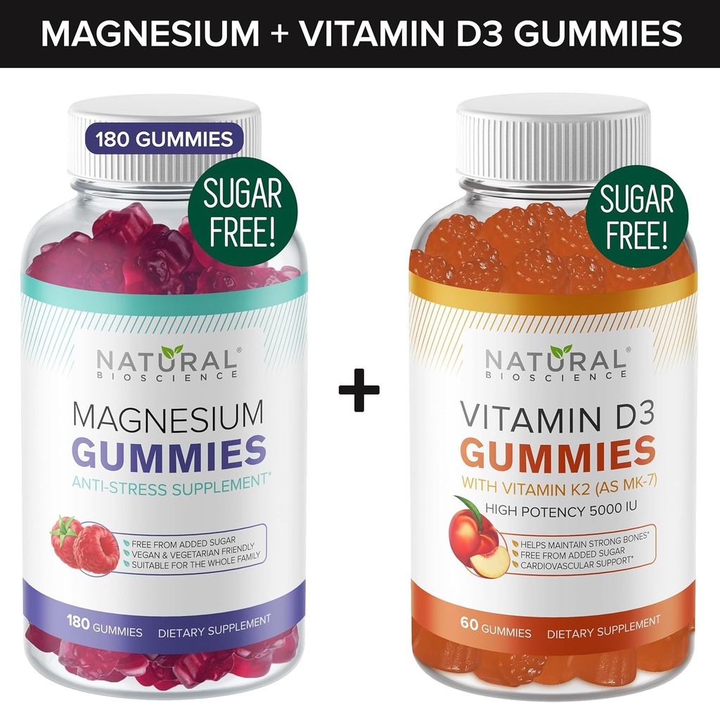 Sugar-Free Magnesium Gummies (180 Gummies) & Sugar-Free Vitamin D Gummies (60 Gummies) – Immune Support & Relaxation Value Bundle, Gelatin-Free, Gluten-Free, Vegetarian, All Natural, GMO-Free, Kosher