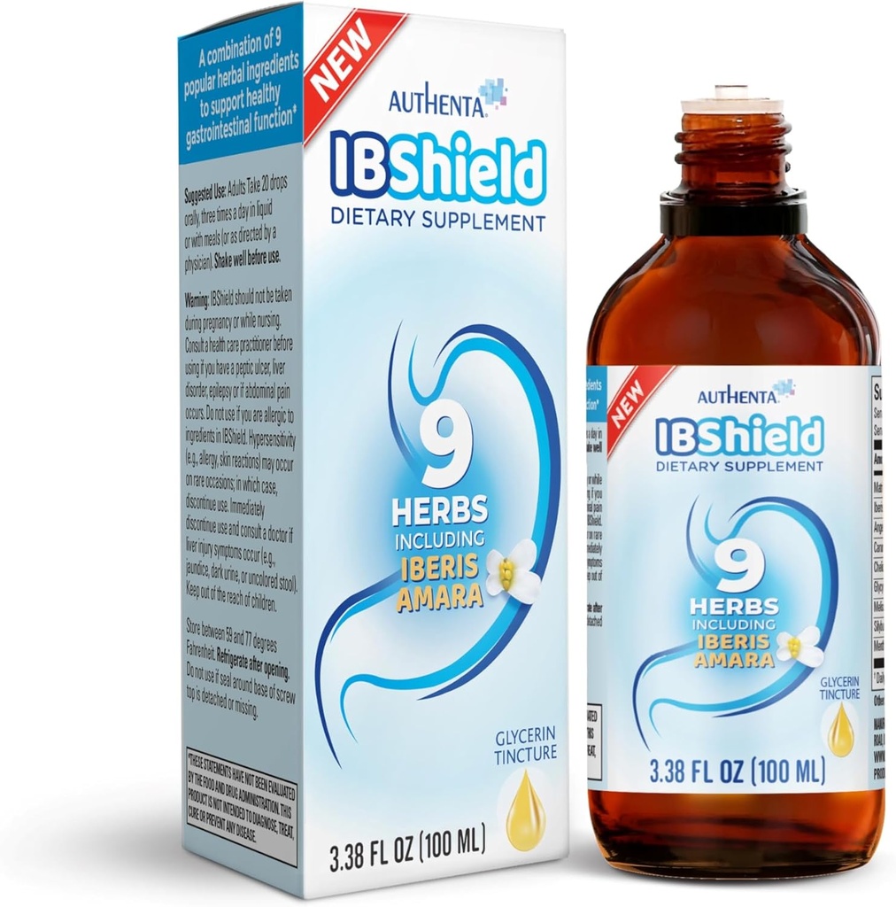 IBShield Tincture 100ml | 6 + 3 = 9 Herbs | Iberis Amara, Peppermint, Chamomile, Lemon Balm, Caraway, Licorice, Angelica, Celandine & Mary's Thistle | Original Herbal Formel stöder Digestive Wellness