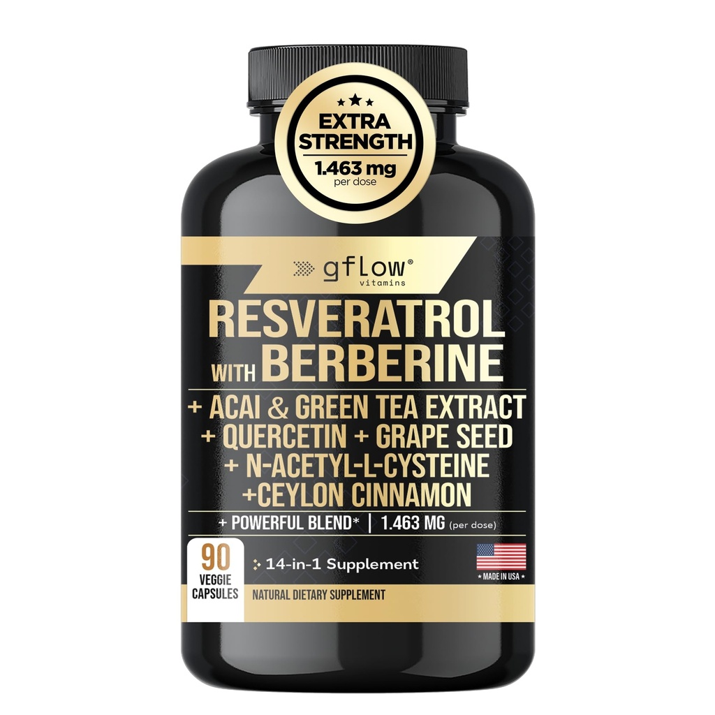 Resveratrol Supplement med Berberine Green Tea Extract, Ceylon Cinnamon, Grape Seed & Quercetin1000mg Quercetin, N Acetyl cystein, Acai | 100% Naturlig, Max Styrka | Made in USA