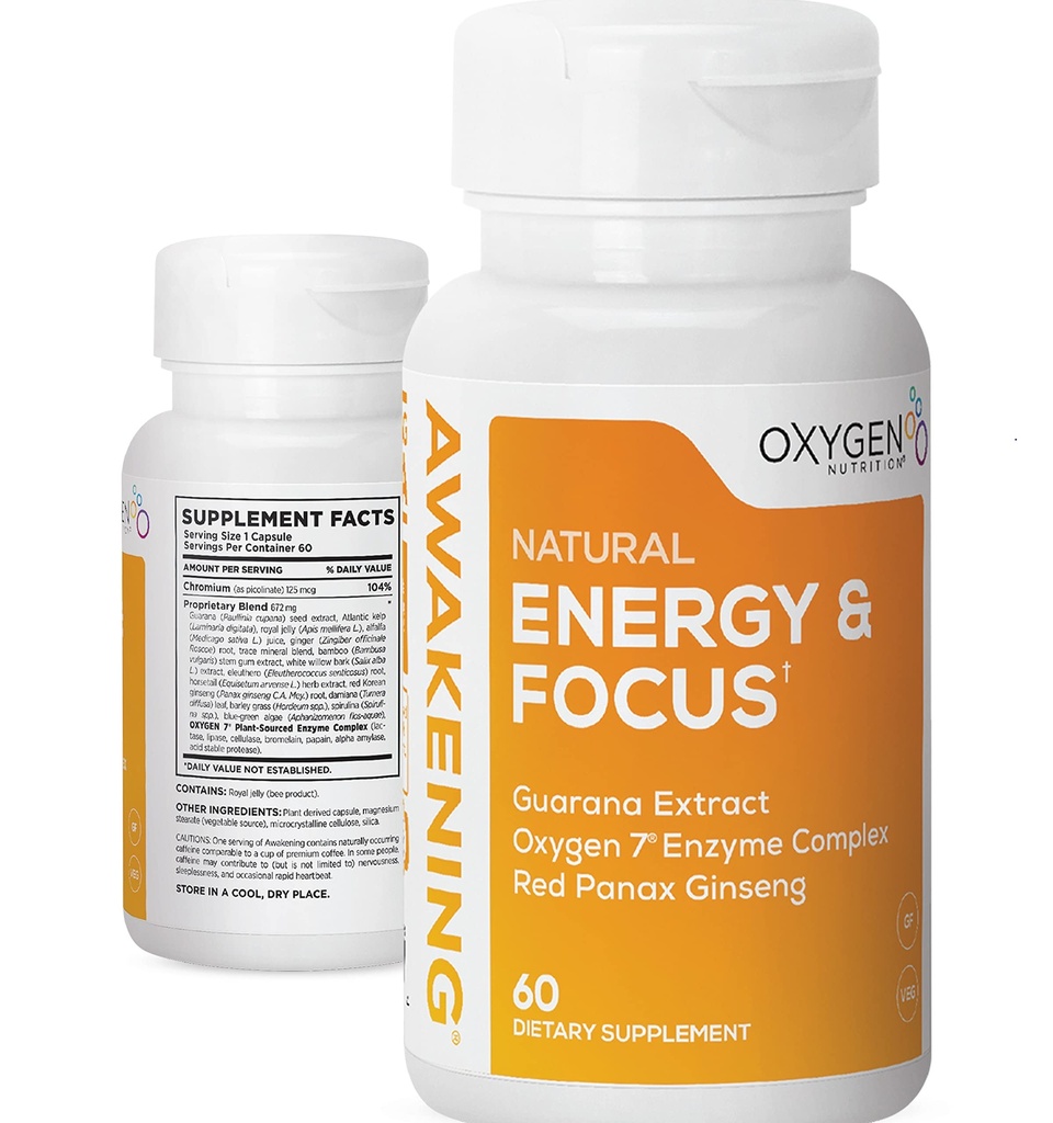 Uppvaknande av naturlig energi och fokus Nootropic Supplement med Panax Ginseng, Guarana Extract & Chromium Picolinate | Brain Supplement för fokus, energi, humör och klarhet | Gluten Free Veggie, USA - 60 Caps