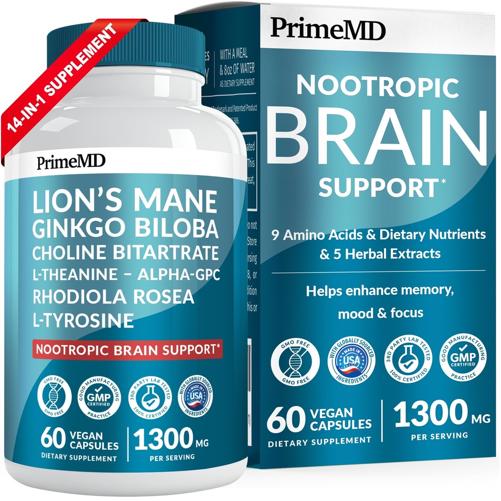 14-i-1 Lions Mane Supplement Capsules - Nootropic Brain Supplement med Ginkgo Biloba för hjärnstöd, minne och fokus - Alpha GPC, L Theanine & Choline Supplements med 1300mg Per Servering (60 ct)