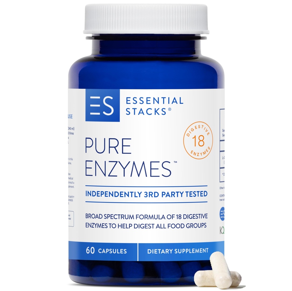 Essential Stacks Pure Digestive Enzymes (Gluten, Dairy & Soy Free) - 18 Enzymer för Digestion inkl. Amylase, Lipase & Lactase - Vegetarian & Non-GMO (60 kapslar)