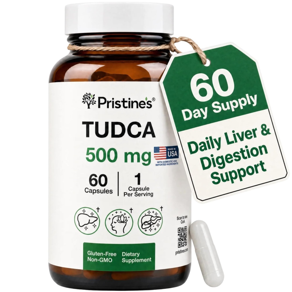 PRISTINE Tudca 500MG Liver Support & Purified Bile Salts Supplement Capsules - 60 Day Supply - Gallbladder Liver Organ & Digestion Detox och Cleanse Support Supplement - Gluten Free Non GMO