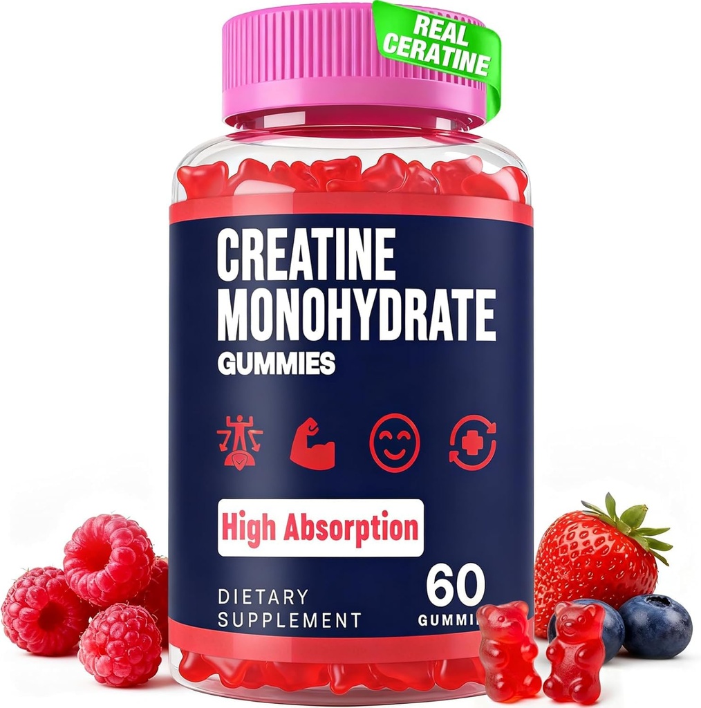 Creatine Monohydrate Gummies for Women & Men, Taurine & B6, Chewable Creatina Pre Workout Gummies for Max Strength & Muscle Growth, Energy, Endurance, Creatine for Men & Women - 1 Bottle