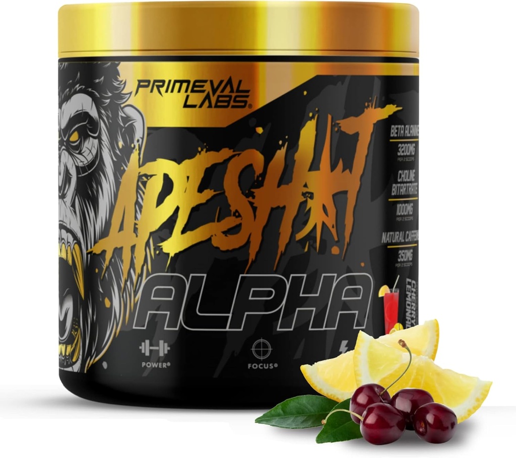Primeval Labs Ape Alpha Natural Pre Workout för män och kvinnor | Öka uthållighet och fokus | 350mg koffeinpulver | Beta-Alanine | L citrullin | Nitric Oxide Booster | Cherry Lemonade, 40 portioner