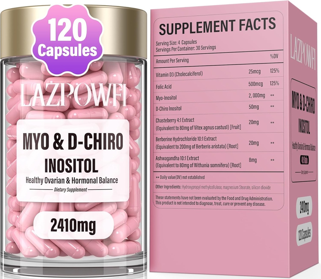 Inositol Supplement - Myo-Inositol & D-Chiro Inositol med Chasteberry, Berberine & Ashwagandha - Ideal 40:1 Blanda med folat och vitamin D - Vegan Women's Wellness Formel - 120 kapslar