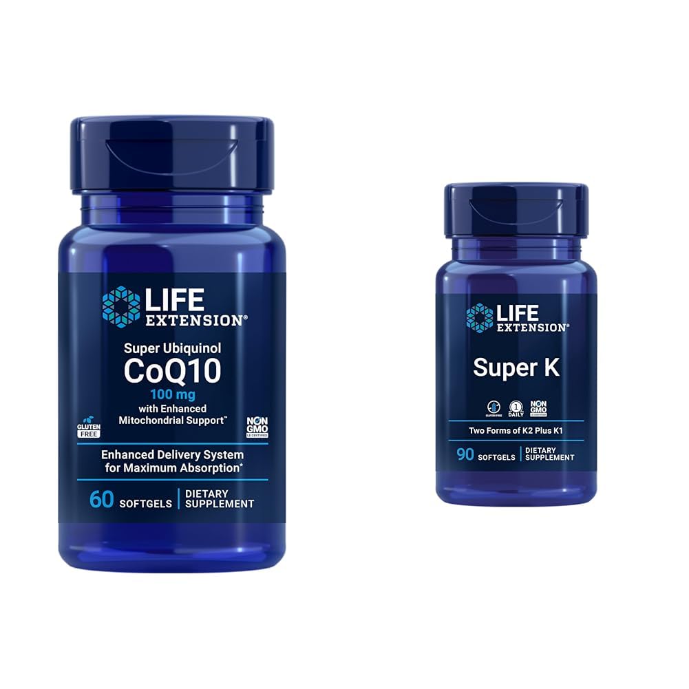 Life Extension Super Ubiquinol CoQ10 med förbättrad Mitochondrial Support & Super K, Vitamin K1, Vitamin K2 mk-7, Vitamin K2 mk-4