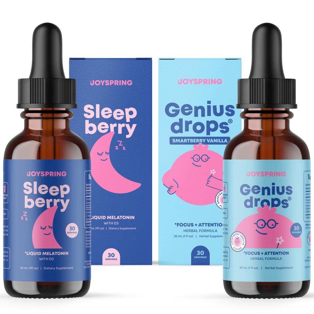 JoySpring SleepBerry Liquid Melatonin och Genius Drops Smartberry Vanilla för barn