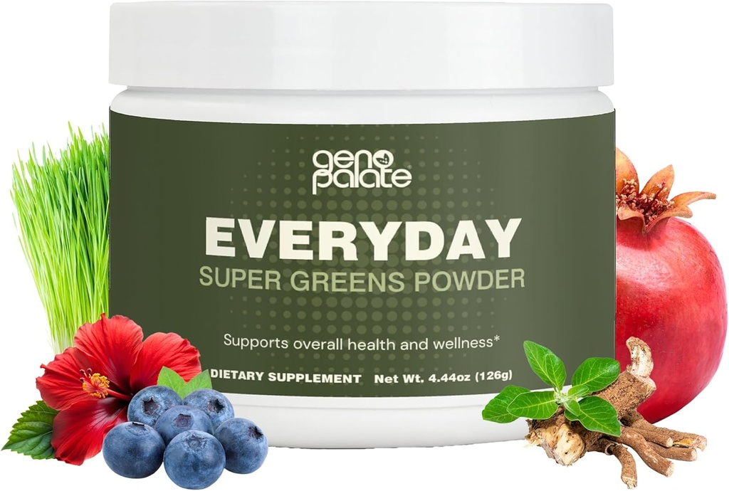 GenoPalate Everyday Super Greens, Plant-Based Nutrients med Barley Grass, Spirulina, Turmeric & Probiotics, Stöder Energi, Digestion, Antioxidanter & Stress, Vegan, Gluten-Free, Non-GMO, 30 Servings