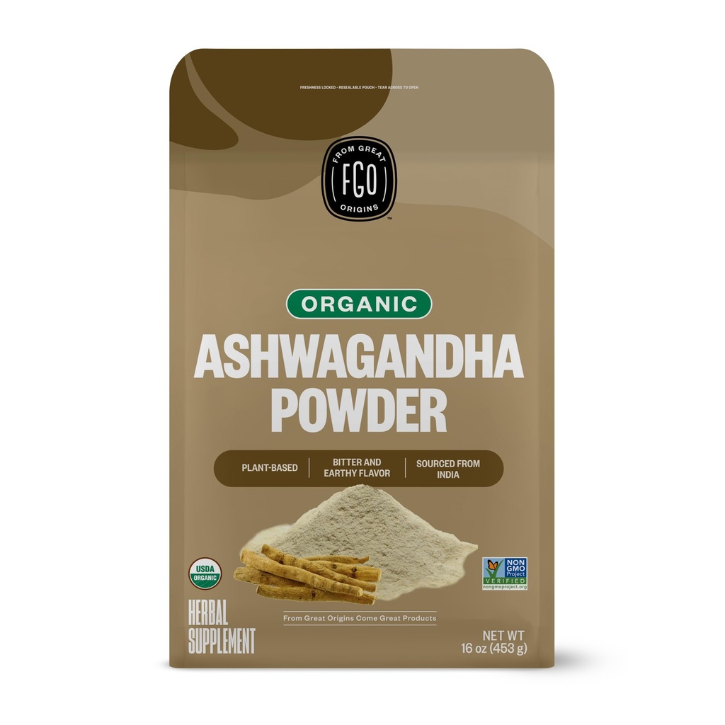 FGO Organic Ashwagandha Root Powder, 16oz Återförsäljbar Bulk Bag, Non-GMO, Indian Ginseng, Withania Somnifera, Källa från Indien (Pack av 1)