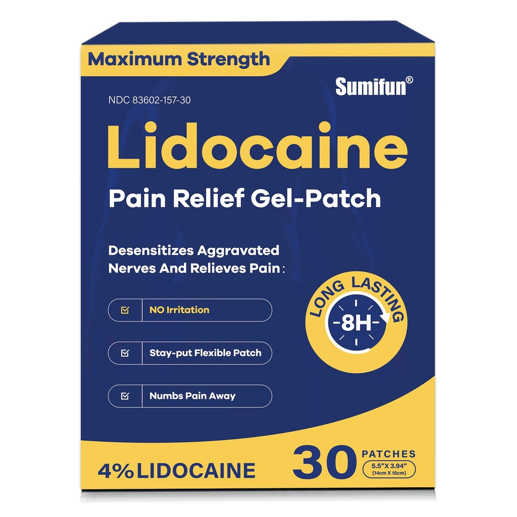 Sumifun 4% Lidocaine Pain Relief Patches 30 greve Maximal Strength Numbing Gel Patch för Back Knee Neck Joint Ache Muscle Soreness Topical Analgesic FSA eller HSA Eligible